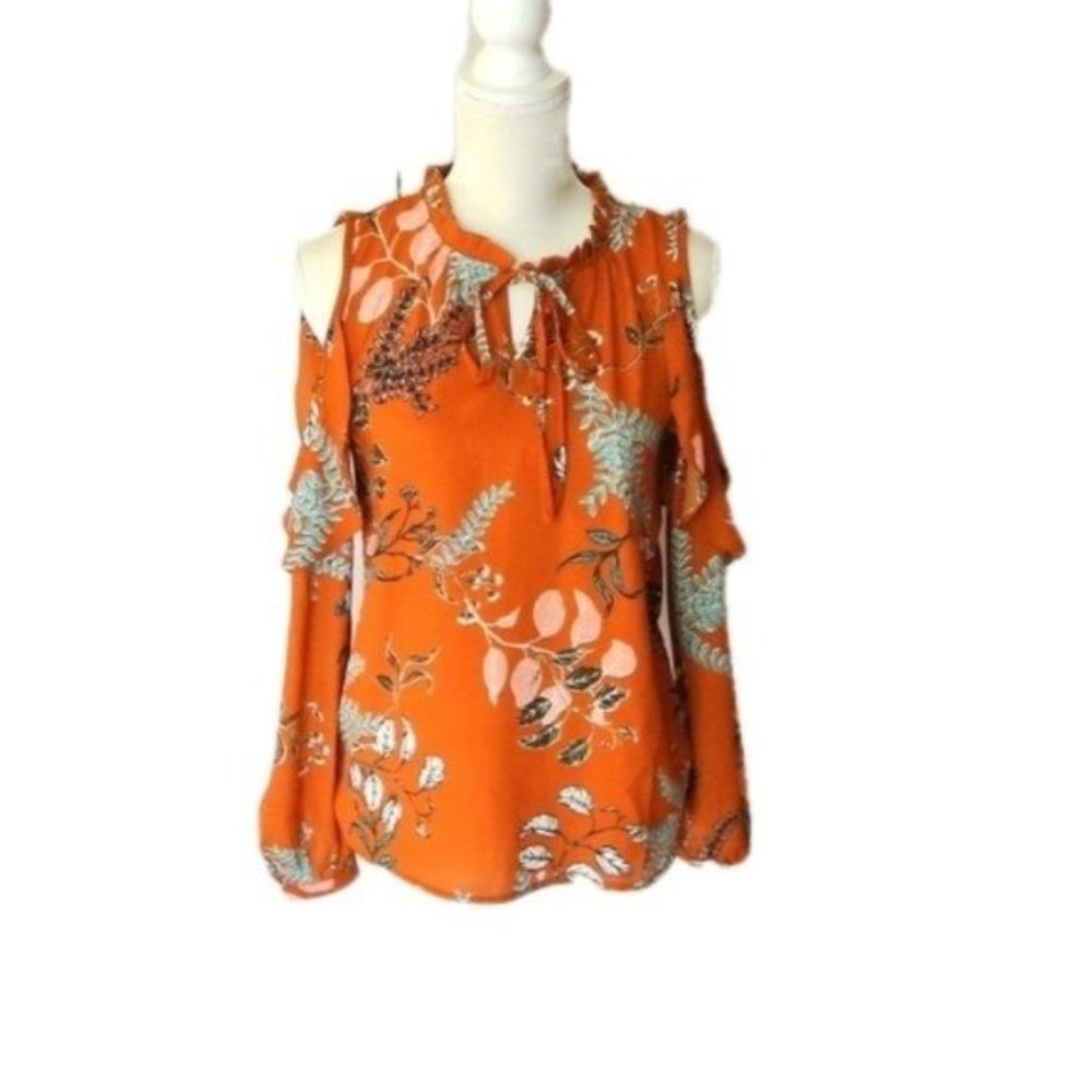 Japna Orange Brown Floral Blouse Cold Shoulder S